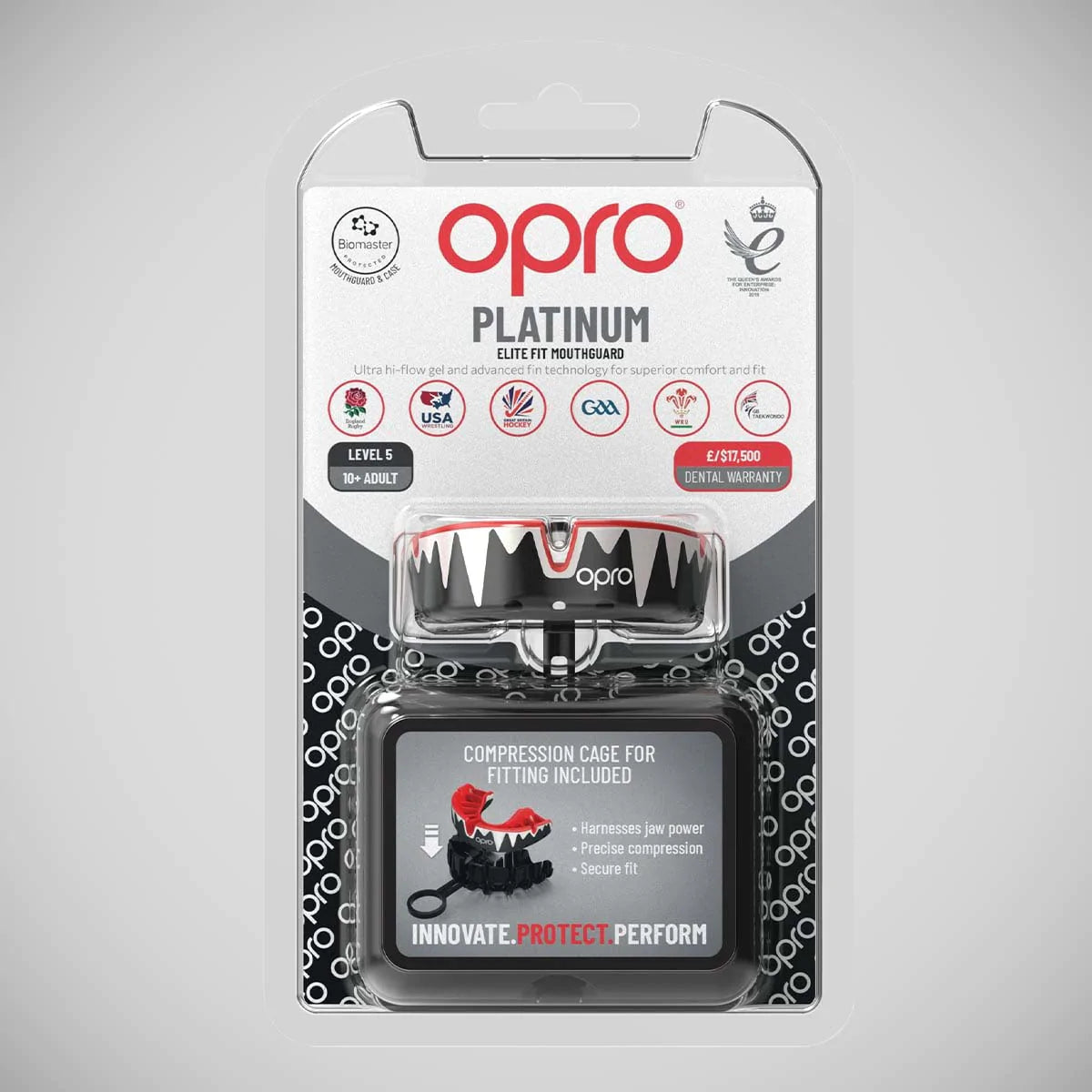 Black/White/Red Opro Platinum Fangz Self-Fit Mouth Guard