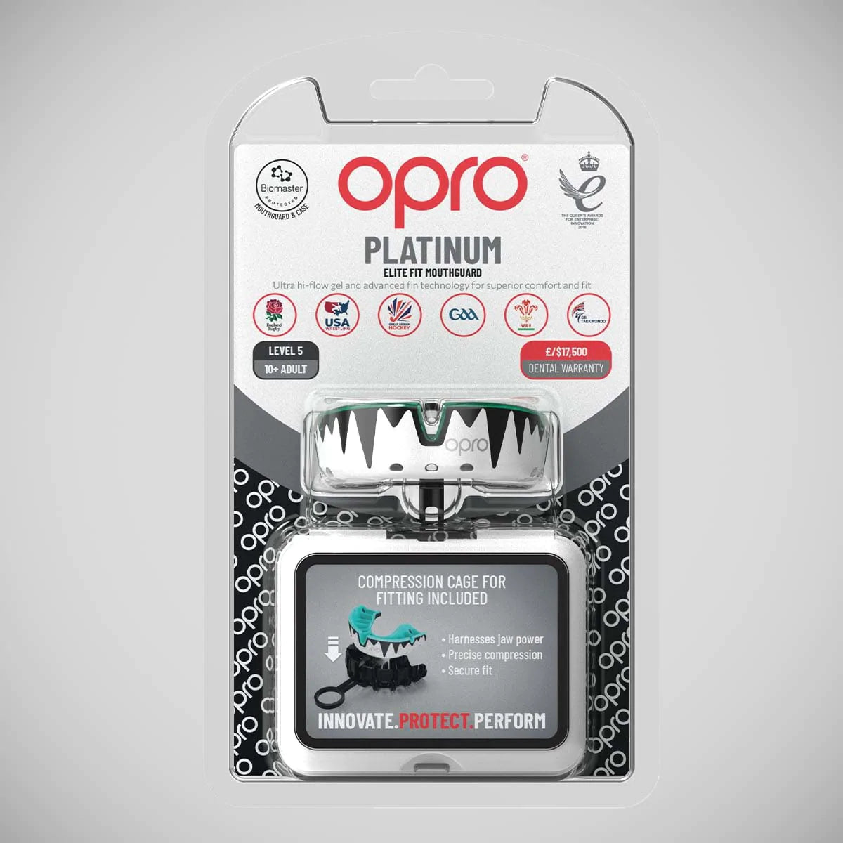 White/Black/Mint Opro Platinum Fangz Self-Fit Mouth Guard