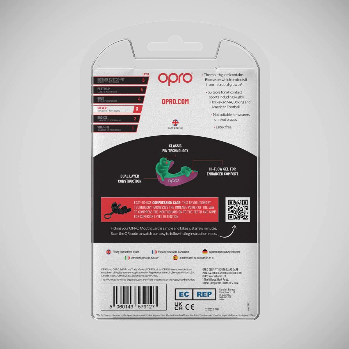 Pink-Green Opro Silver Self-Fit Mouth Guard
