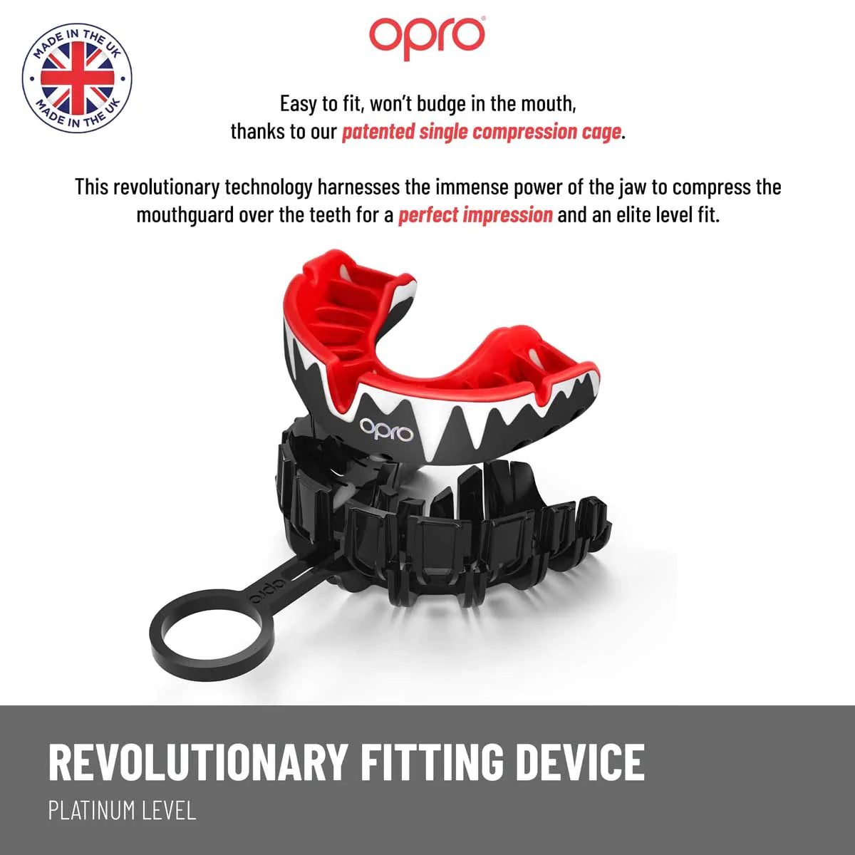 Black/White/Red Opro Platinum Fangz Self-Fit Mouth Guard