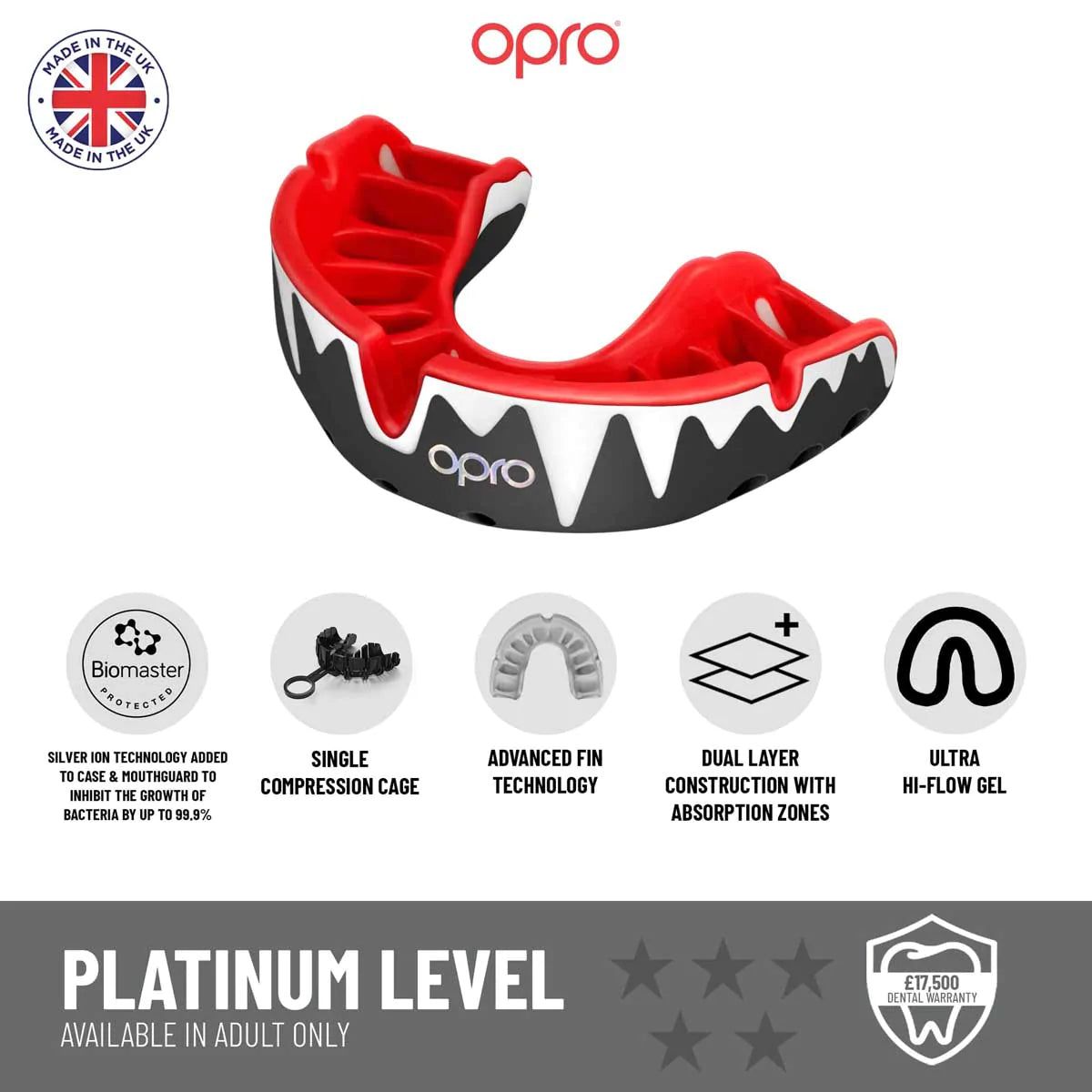 Black/White/Red Opro Platinum Fangz Self-Fit Mouth Guard