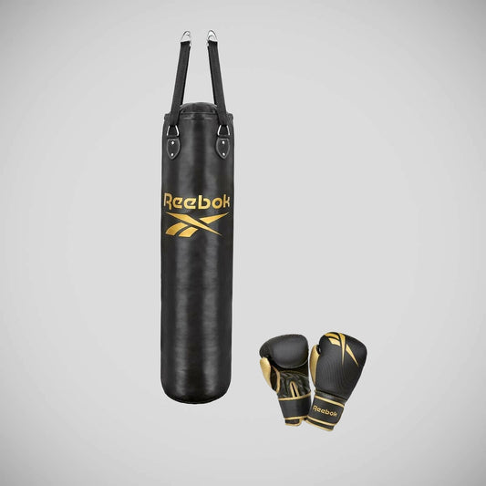 Black/Gold Reebok 4ft Punch Bag and Boxing Gloves