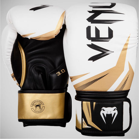 White/Black/Gold Venum Challenger 3.0 Boxing Gloves