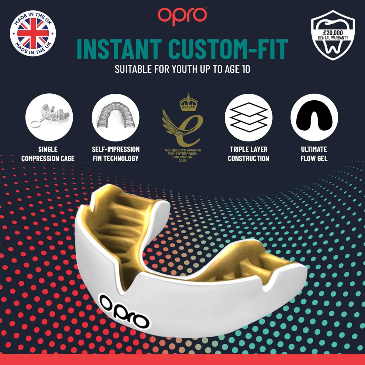 Opro Junior Instant Custom-Fit Single Colour Mouth Guard Black/White