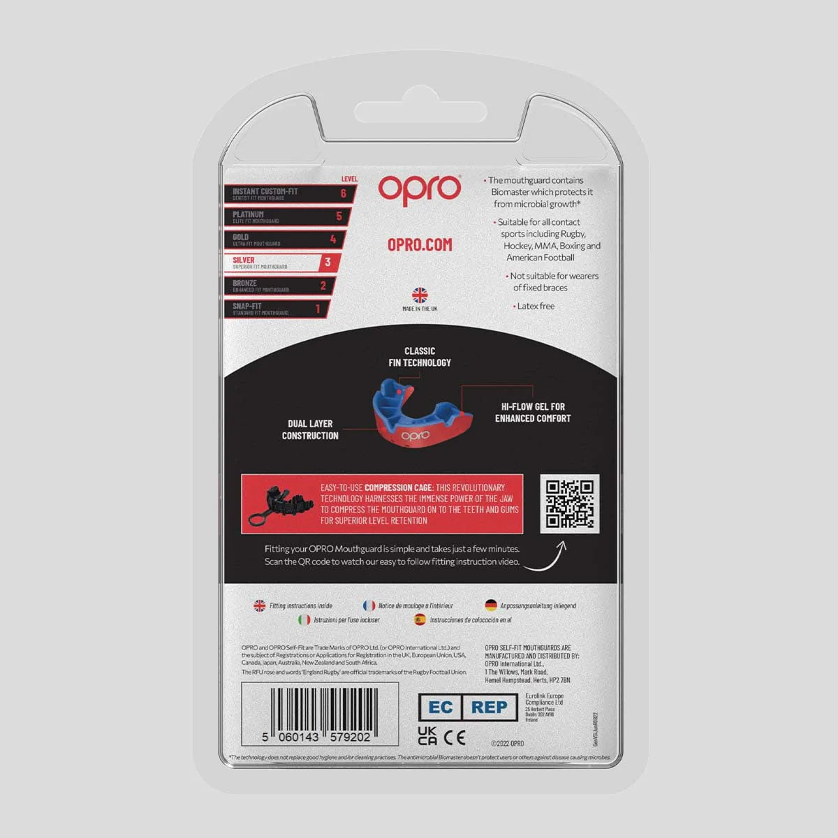 Opro Junior Silver Self-Fit Mouth Guard Red/Dark Blue